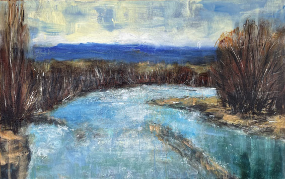 Nigel Wilson nz landscape artist, manuherikia river, acrylic on canvas